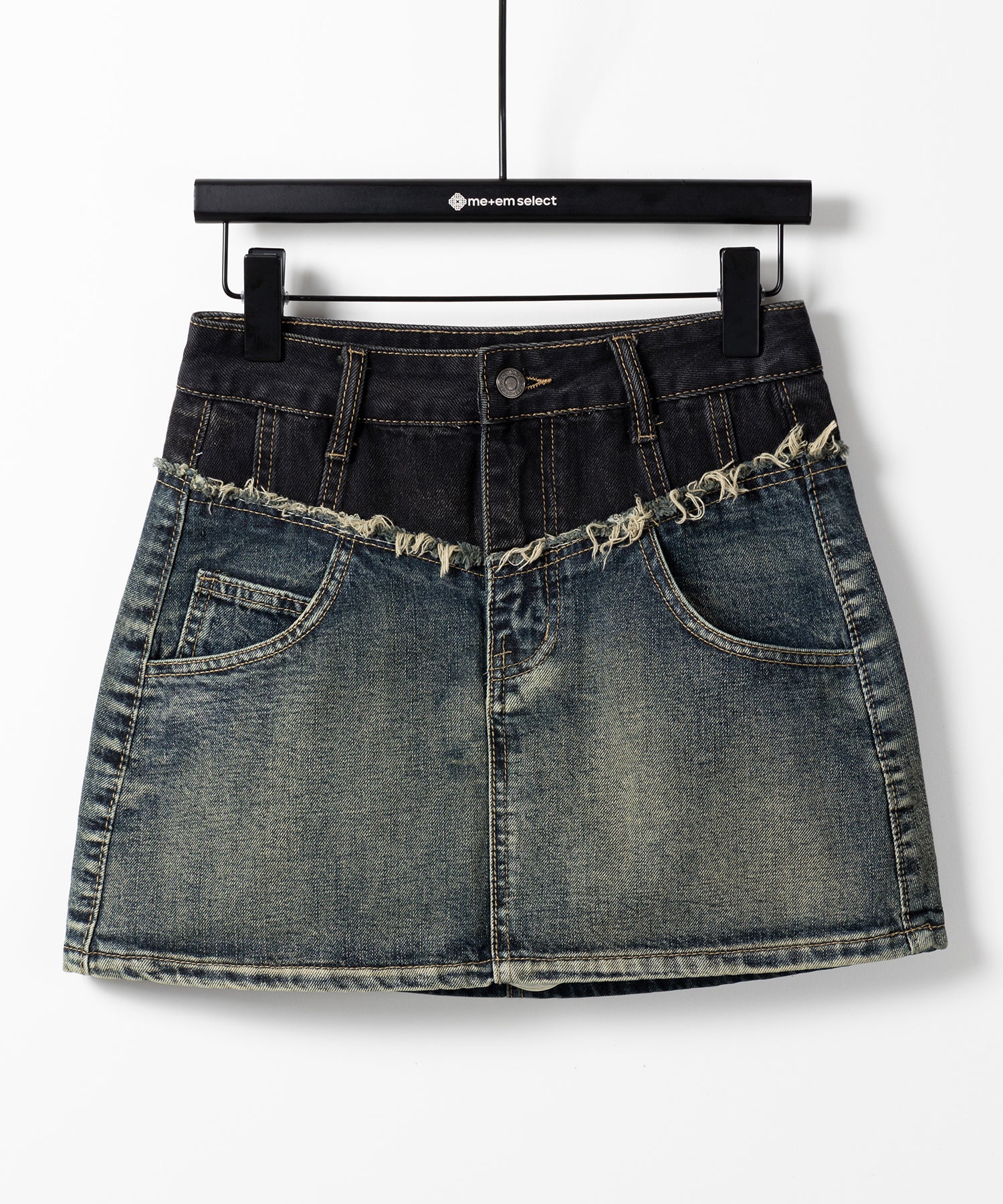 【 ３size ／ ２color 】ダメージドッキングヴィンテージデニムミニスカート ／damage docking vintage denim mini skirt