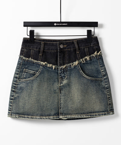 【 ３size ／ ２color 】ダメージドッキングヴィンテージデニムミニスカート ／damage docking vintage denim mini skirt