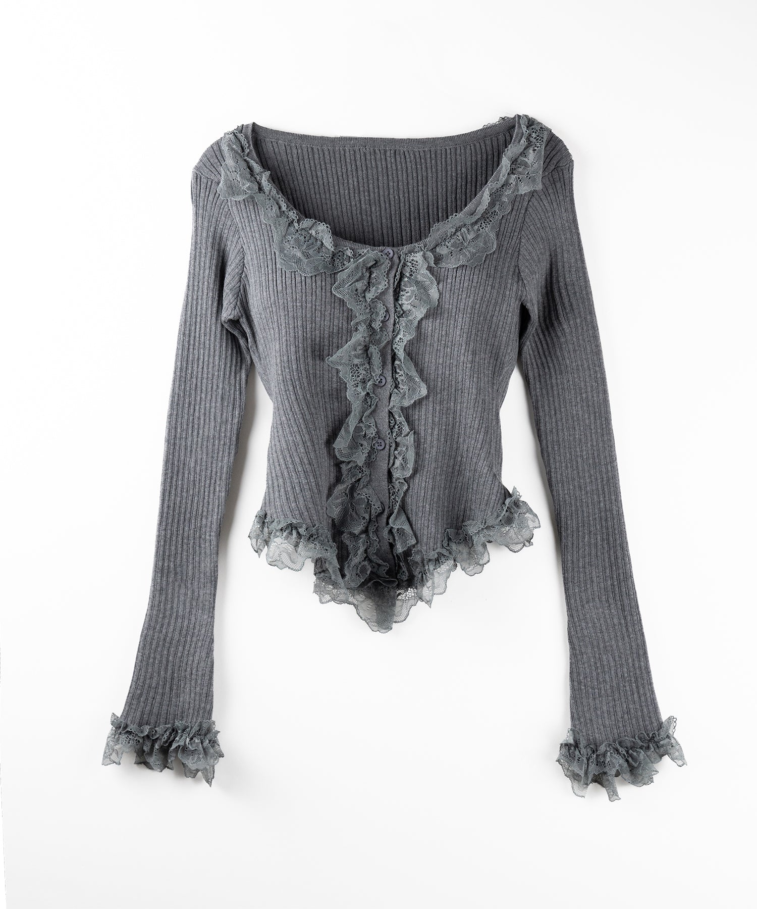 【 ３color 】レースフリルドッキングリブニットカーディガン ／ lace frill docking rib knit cardigan