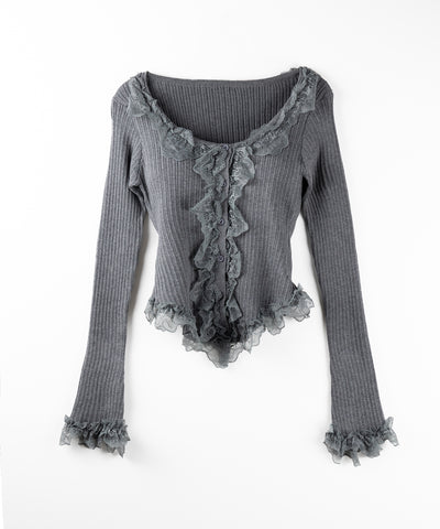 【 ３color 】レースフリルドッキングリブニットカーディガン ／ lace frill docking rib knit cardigan