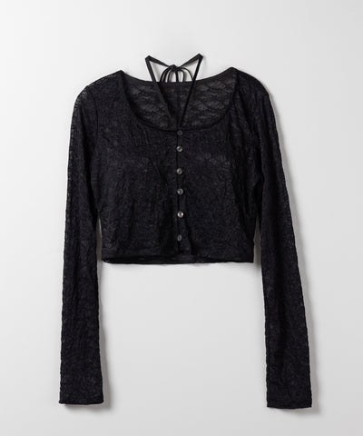 【 ２WAY 】クロスストラップリボンショートレースカーディガン ／ cross strap ribbon short lace cardigan