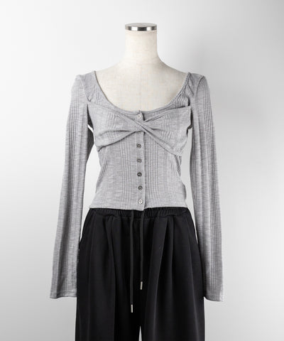 【 ３color 】フロントボタンオープンネックリブカットソートップス ／ front button open neck ribbed cutsew tops