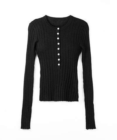 スリムフィットヘンリーネックリブトップス ／ slim fit henley neck ribbed tops