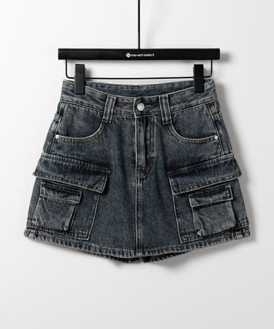 【 ３size ／ ２color 】ダブルポケットヴィンテージカーゴデニムミニスカパン ／ double pocket vintage cargo denim mini skirt pants