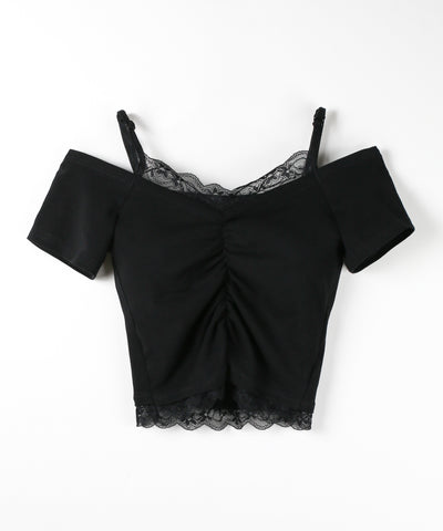レースドッキングシャーリング半袖オフショルトップス ／ lace docking shirring short-sleeved off-shoulder tops