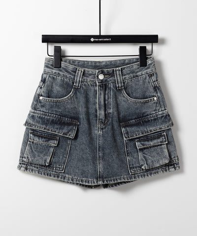 【 ３size ／ ２color 】ダブルポケットヴィンテージカーゴデニムミニスカパン ／ double pocket vintage cargo denim mini skirt pants