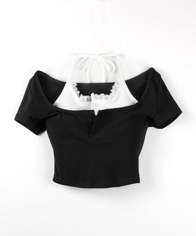 レースレイヤードドッキングスクエアネックＴシャツ ／ Lace layered docking square neck T-shirt