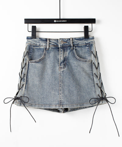 レースアップストレッチデニムミニスカパン ／ lace up stretch denim mini skirt pants