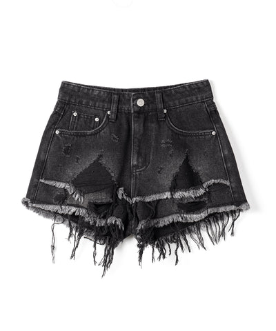 クラッシュダメージダブルフリンジデニムショートパンツ／crash damage double fringe denim short pants
