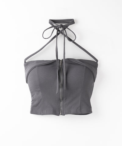 【 ２WAY／ カップ付 】ジップアップクロスストラップリボンベアトップス ／ zip up cross strap ribbon bare tops
