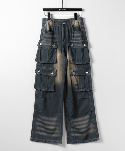 【 ３color ／４size 】オーバーダイグラデーションヴィンテージワイドカーゴデニム ／ overdyed gradation vintage wide cargo denim