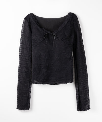 フロントリボンレイヤードレーストップス ／ front ribbon layered lace tops