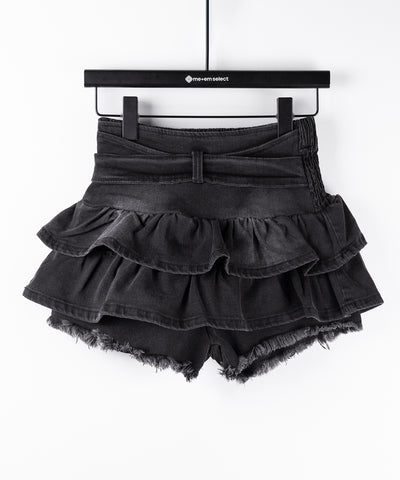 【 ２color 】ベルテッドフリルヴィンテージデニムミニスカパン ／ Belted frill vintage denim mini skirt pants