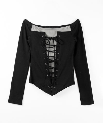 レースアップコルセットリボンオフショルトップス ／ laceup corset ribbon off shoulder tops