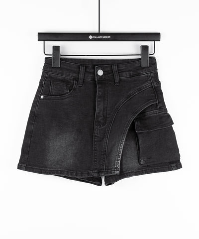 カーゴポケットレイヤードデニムミニスカパン ／ cargo pocket layered denim mini skirt pants