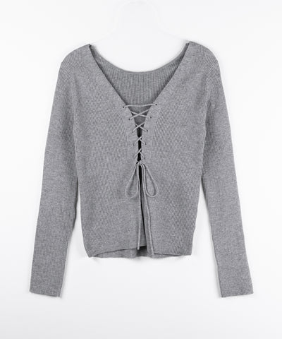 【 ３color 】レースアップリボンリブニットカーディガン ／ lace up ribbon rib knit cardigan