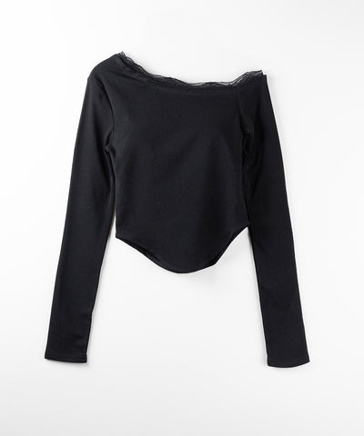 【 ２color 】ワンショルダーレースポイントスリムカットソートップス ／ one shoulder lace point slim cutsew tops