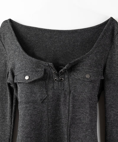 レースアップアウトポケットスリムリブトップス ／ lace up out pocket slim ribbed tops