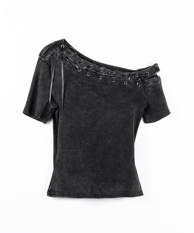 ヴィンテージカットアウトレースアップ半袖ワンショルリブトップス ／ vintage cutout laceup short sleeve one shoulder lib tops