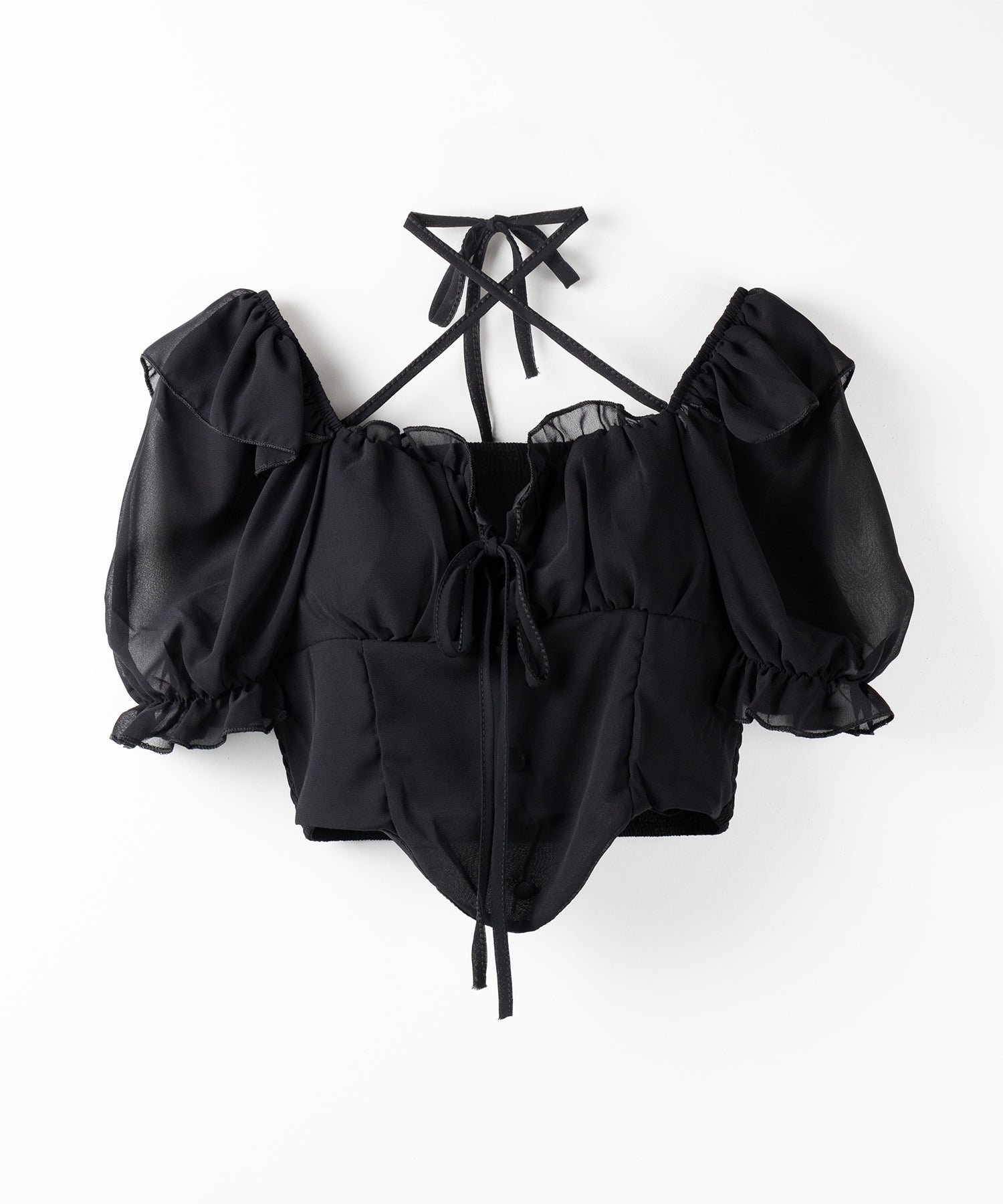【 ２color ／ ２WAY 】フロントリボンクロスネック半袖シフォンブラウス ／ front ribbon cross neck short sleeve chiffon blouse