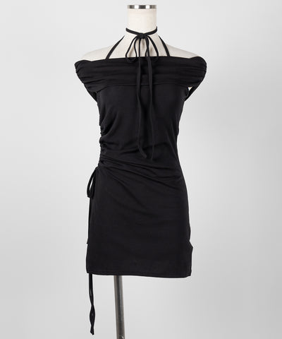 【 セットアップ 】ネックリボンストラップオフショルミニワンピ ＋ショートパンツ ／ neck ribbon strap off shoulder mini onepiece + short pants SET