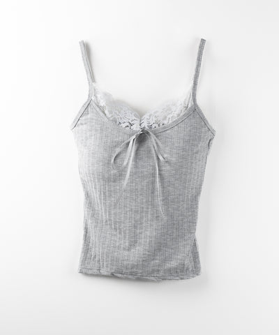 【 ３color ／ カップ付き 】フロントリボンレースドッキングキャミソール ／front ribbon lace docking camisole