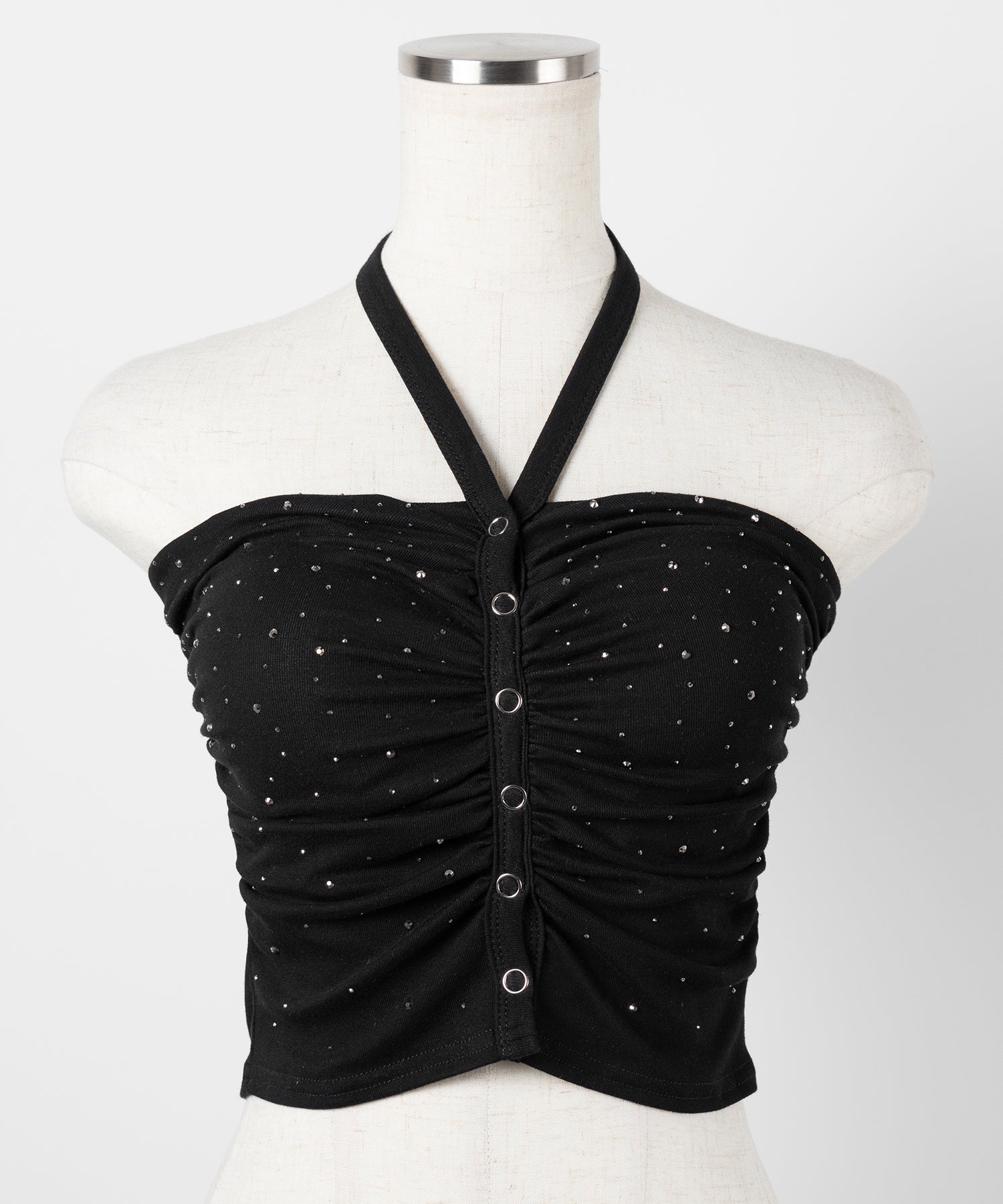 ラインストーンホルターネックスナップギャザーベアトップ ／ Rhinestone halter neck snap gathered bare top