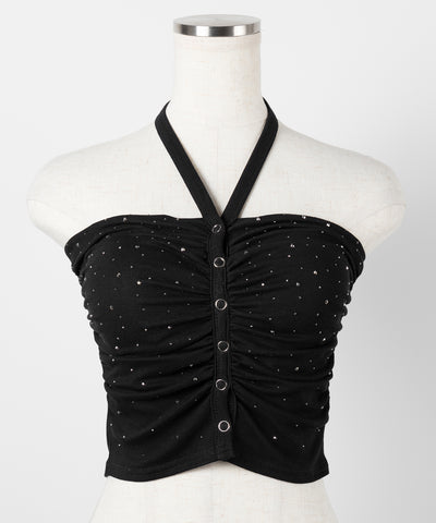 ラインストーンホルターネックスナップギャザーベアトップ ／ Rhinestone halter neck snap gathered bare top
