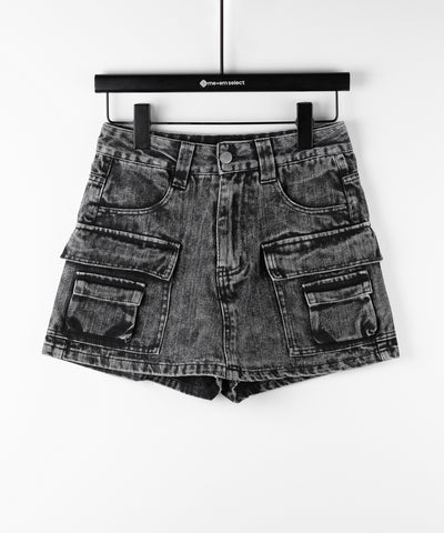 【 デニムセットアップ着用可能 】ヴィンテージケミカルブリーチカーゴデニムミニスカパン ／ vintage chemical bleach cargo denim mini skirt pants