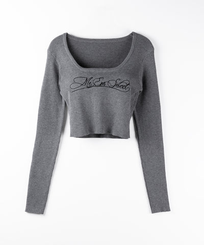 レタリングロゴ刺繍スクエアネックショートリブニットトップス ／ lettering logo embroidery square neck short rib knit tops
