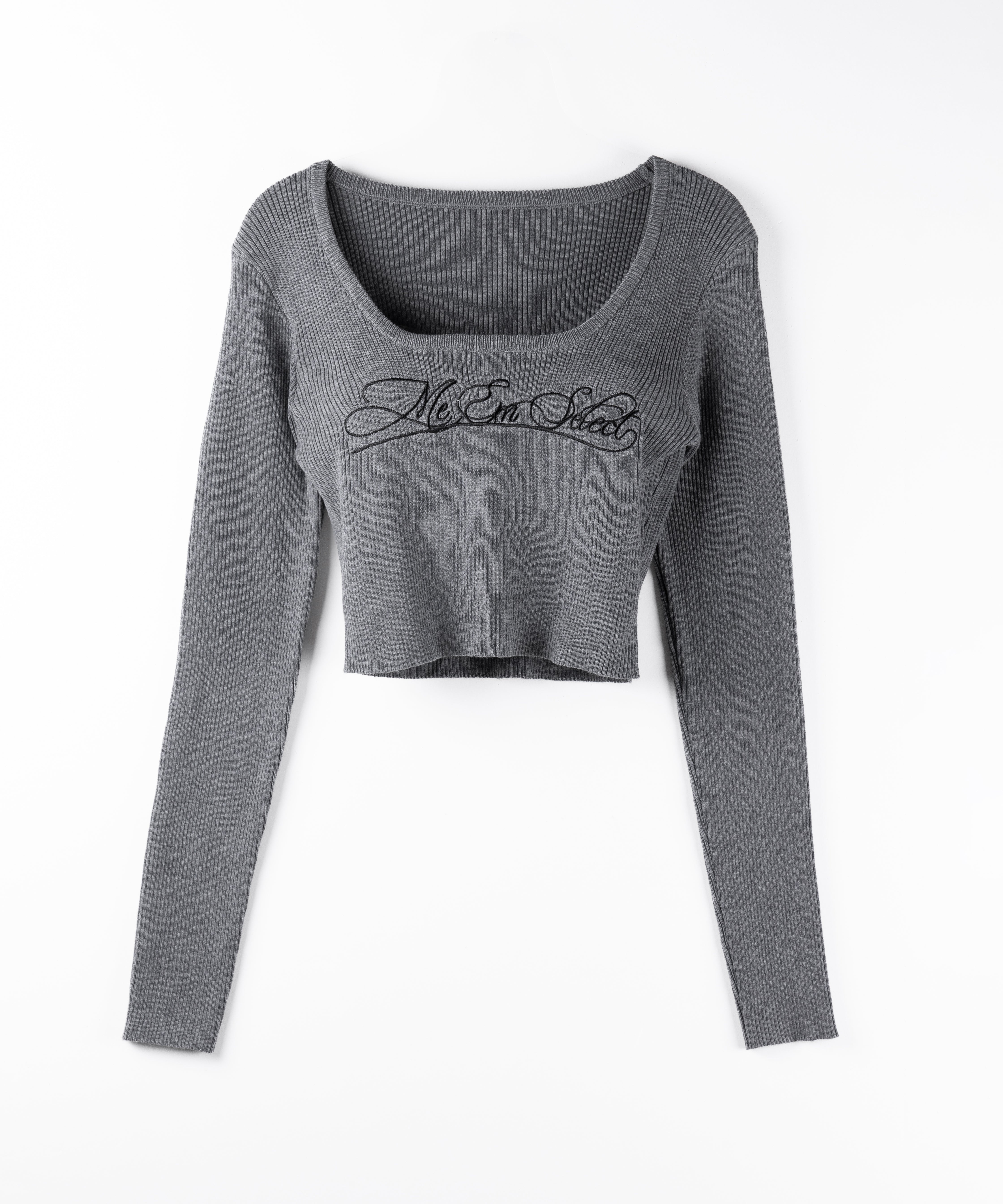 レタリングロゴ刺繍スクエアネックショートリブニットトップス ／ lettering logo embroidery square neck short rib knit tops