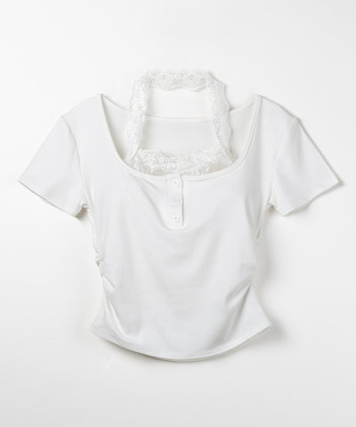レースレイヤードホルターヘンリーネック半袖Ｔシャツ ／ lace layered halter henley neck short sleeve T-shirt
