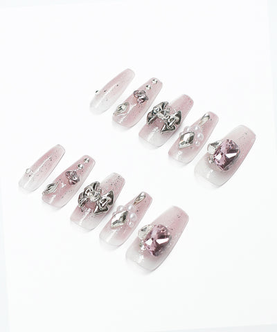 ビジューリボンピンクラメグラデワンホンガーリーネイルチップ／bijou ribbon pink glitter gradation wanghong girly nail tips