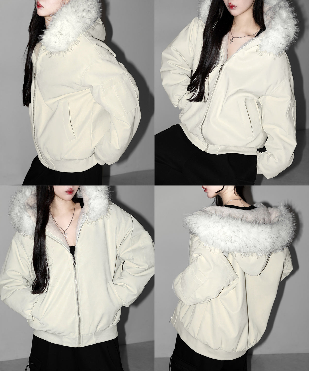 ファーフードヴィンテージフェイクレザーオーバーブルゾン ／ fur hooded vintage fake leather over blouson