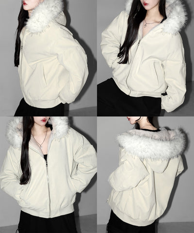 ファーフードヴィンテージフェイクレザーオーバーブルゾン ／ fur hooded vintage fake leather over blouson