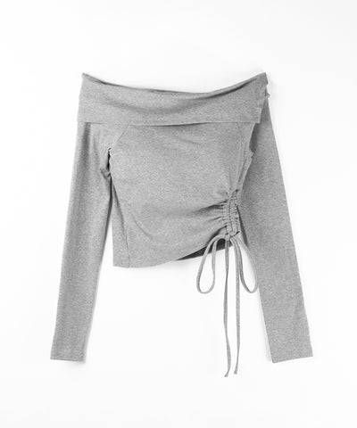 シャーリングリボンショートオフショルカットソートップス ／ shirring ribbon short off shoulder cutsew tops