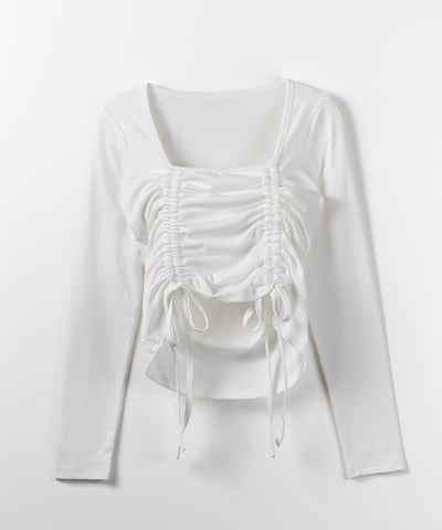 【 ３color 】 ダブルシャーリングリボンスクエアネックトップス ／ double shirring ribbon square neck tops