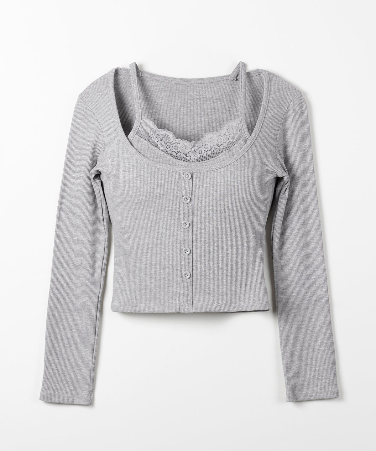 レースキャミスクエアネック長袖リブＴシャツ ／ Lace camisole square neck long-sleeve ribbed T-shirt