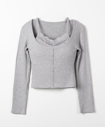 レースキャミスクエアネック長袖リブＴシャツ ／ Lace camisole square neck long-sleeve ribbed T-shirt