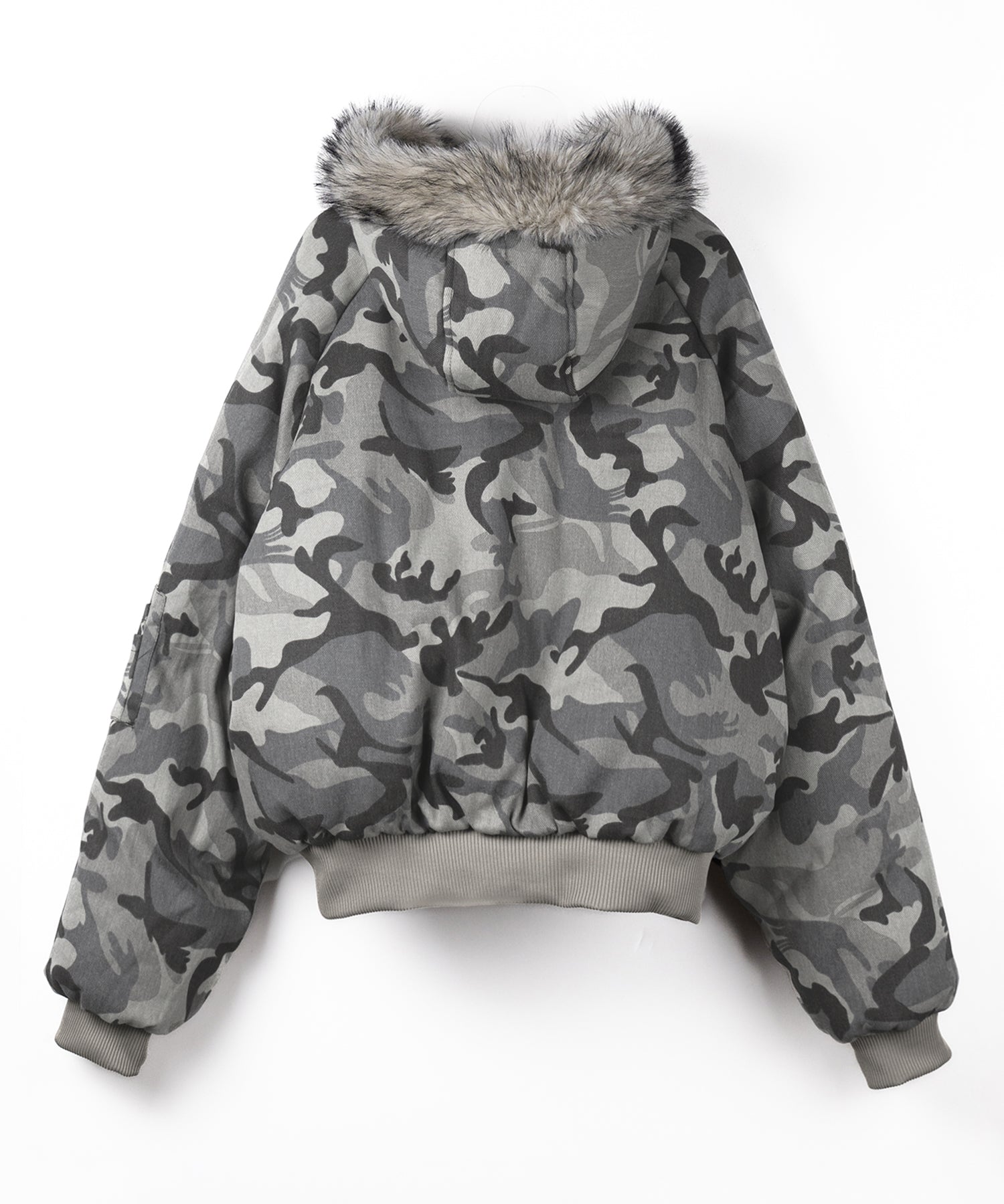 カモフラフェイクファーフーディ中綿ジャケット ／ camouflage fake fur hoodie down jacket