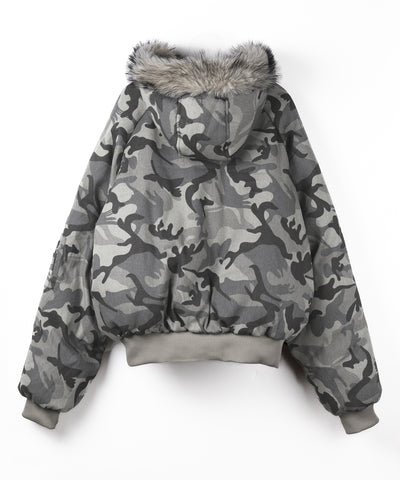 カモフラフェイクファーフーディ中綿ジャケット ／ camouflage fake fur hoodie down jacket