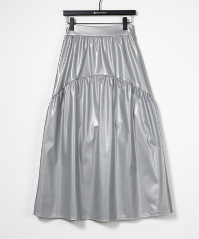 【 ２color 】メタリックフェイクレザーギャザーフレアスカート ／ metallic fake leather gather flare skirt