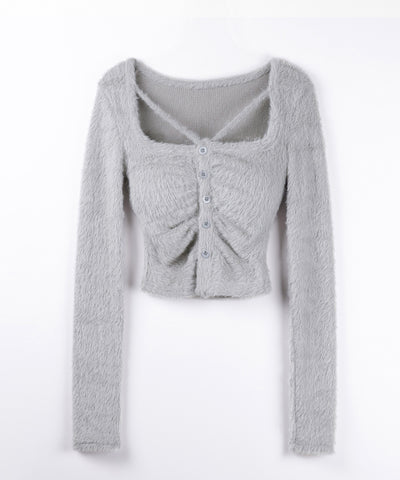クロスストラップスクエアショートシャギーカーディガン ／ cross strap square short shaggy cardigan