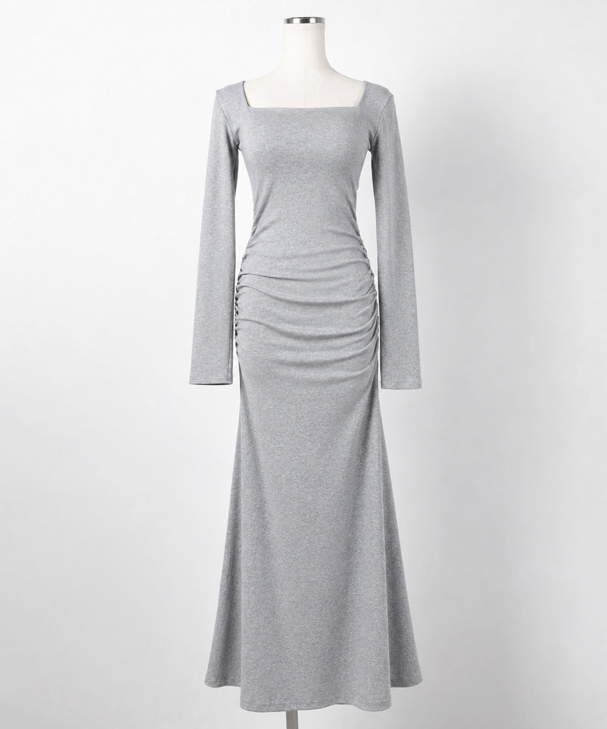 スクエアネックシャーリングマーメイド長袖ロングタイトワンピ ／ Square neck shirring mermaid long-sleeved long tight onepiece