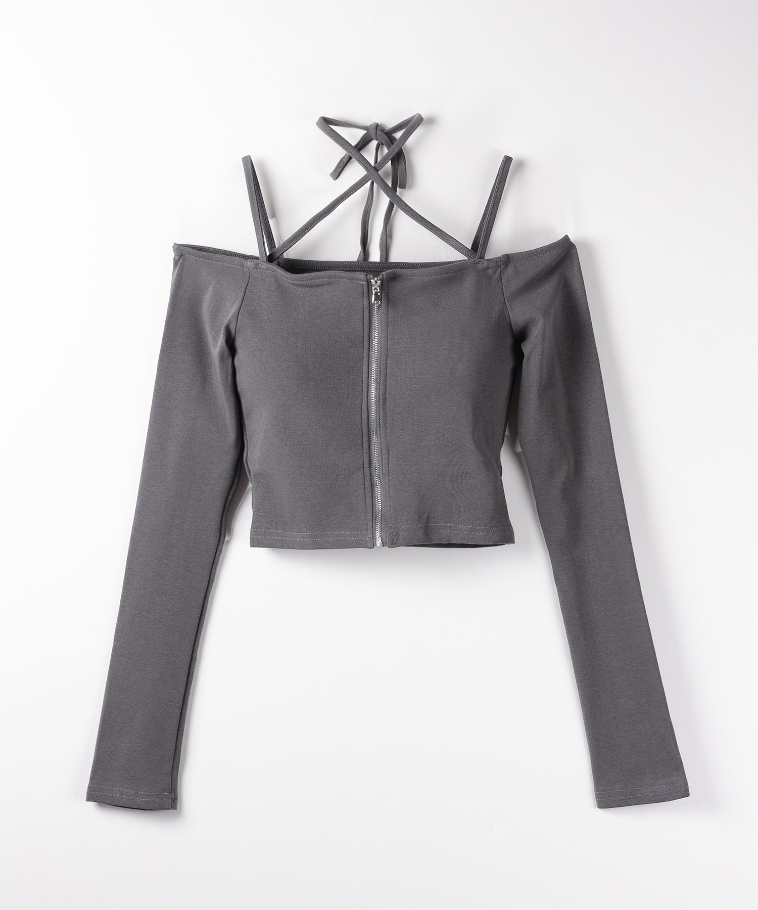 【 ３color ／ カップ付 】フロントジップクロスストラップオフショルトップス ／ front zip cross straps off-shoulder tops