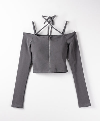 【 ３color ／ カップ付 】フロントジップクロスストラップオフショルトップス ／ front zip cross straps off-shoulder tops