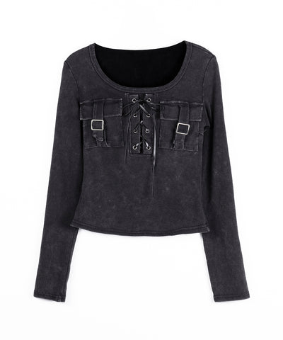 ヴィンテージレースアップアウトポケットスクエアリブロンT ／ vintage laceup outpocket square lib long slleve T-shirts