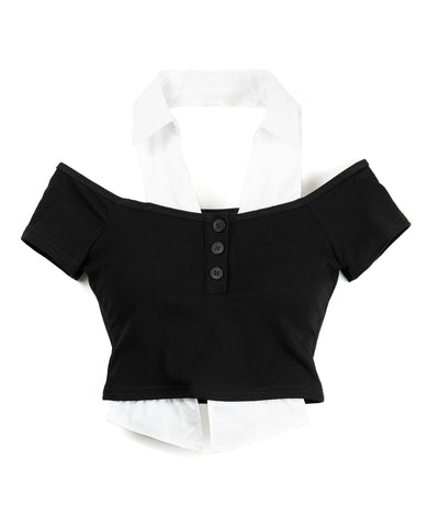 シャツレイヤードヘンリーネックカットアウトトップス ／ shirt layered henlyneck cutout tops