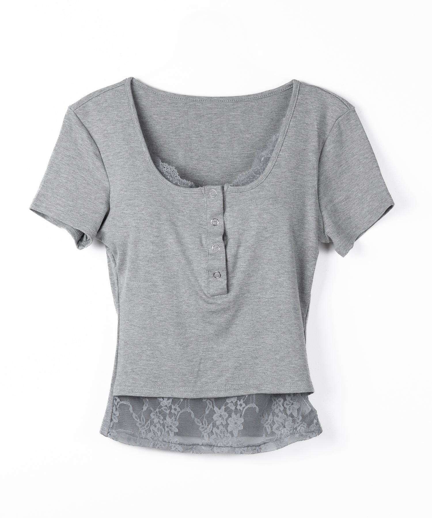 レースレイヤードヘンリーネックスクエア半袖Ｔシャツ ／ lace layered henley neck square short sleeve T-shirt