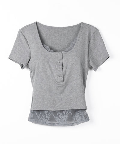 レースレイヤードヘンリーネックスクエア半袖Ｔシャツ ／ lace layered henley neck square short sleeve T-shirt